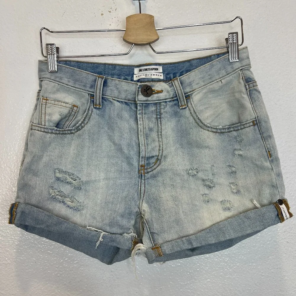 One X One Teaspoon Florence Chargers‎ Long Line Distressed Jean Shorts Sz 26